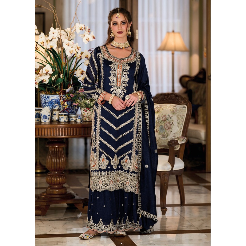 Premium Silk Navy Blue Embroidered Wedding Sharara Suit