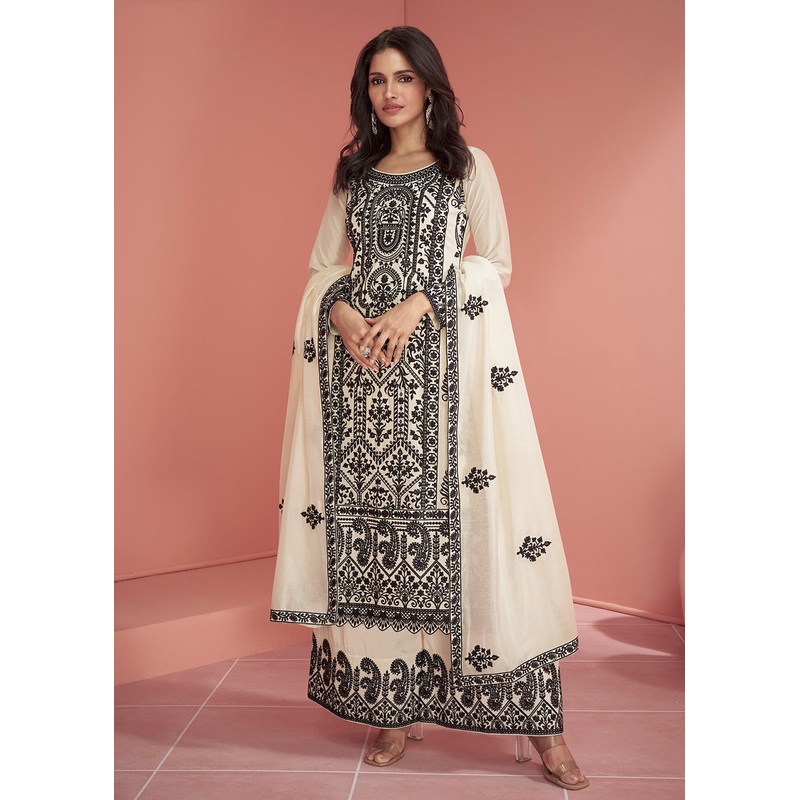 Premium Silk Off White Embroidered Eid Style Palazzo Suit