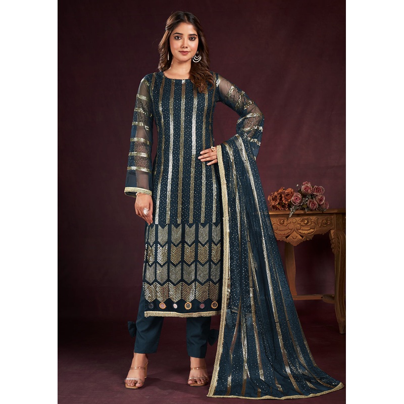 Prussian Blue Butterfly Net Embroidered Festive Salwar Suit
