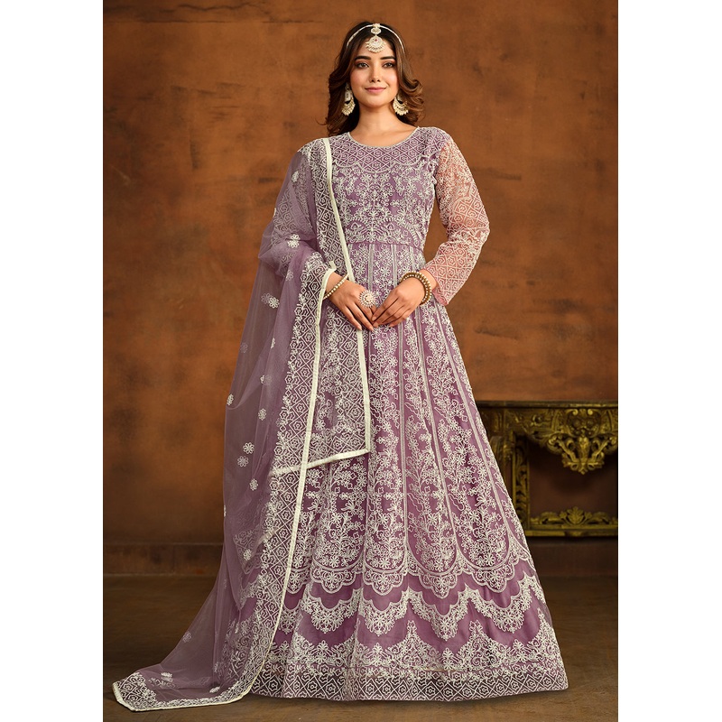 Purple All Over Embroidered Net Wedding Anarkali Suit