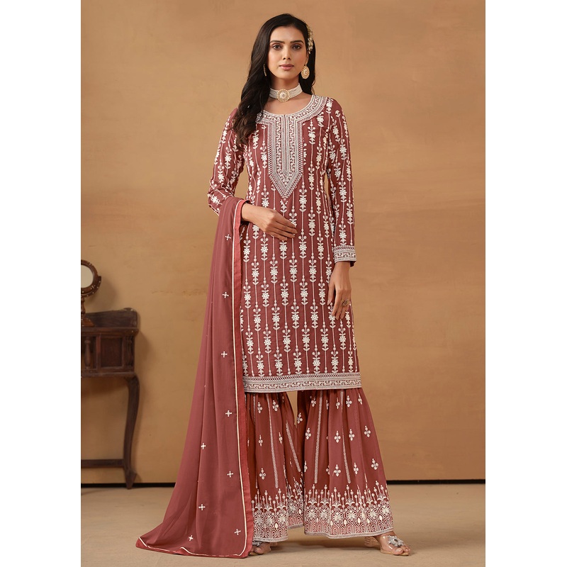 Radiant Brown Embroidered Wedding Festive Gharara Suit