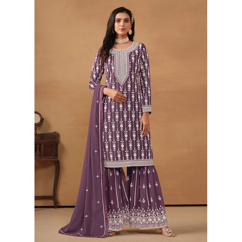 Radiant Purple Embroidered Wedding Festive Gharara Suit