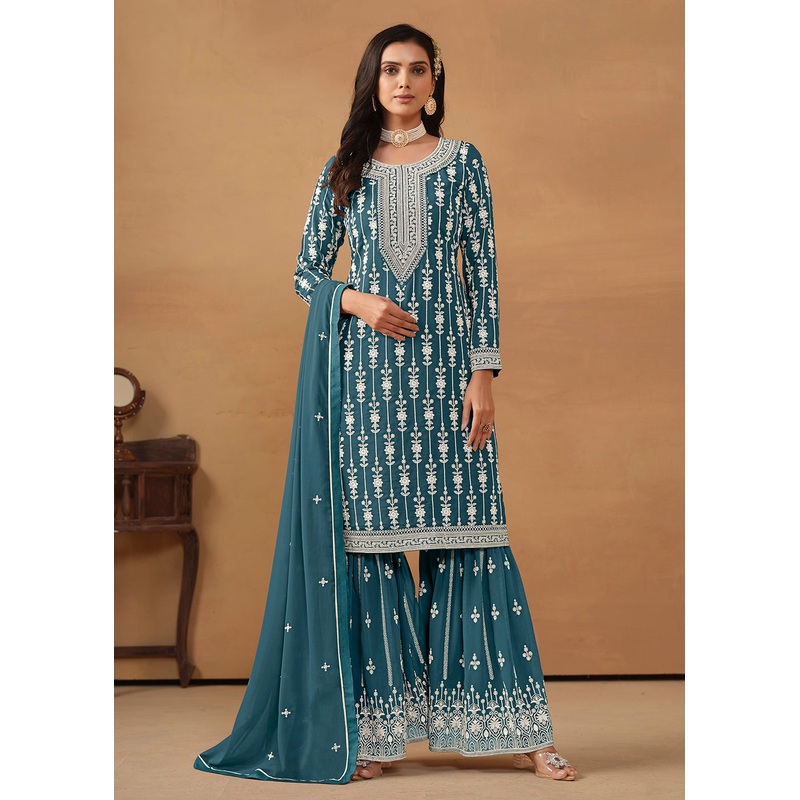 Radiant Teal Embroidered Wedding Festive Gharara Suit