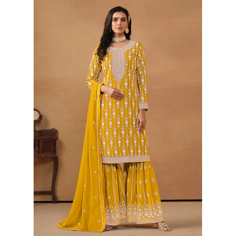 Radiant Yellow Embroidered Wedding Festive Gharara Suit