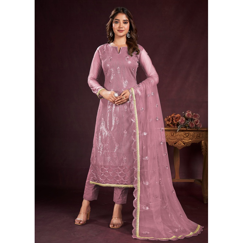 Rose Pink Butterfly Net Embroidered Festive Salwar Suit