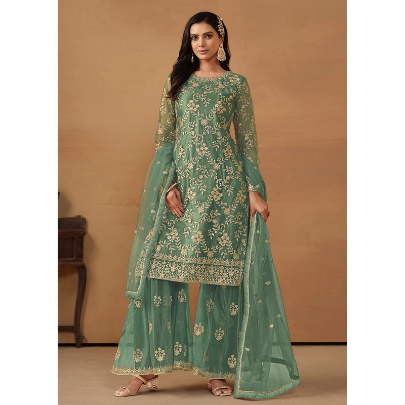 Sea Green Net Embroidered Wedding Festive Gharara Suit