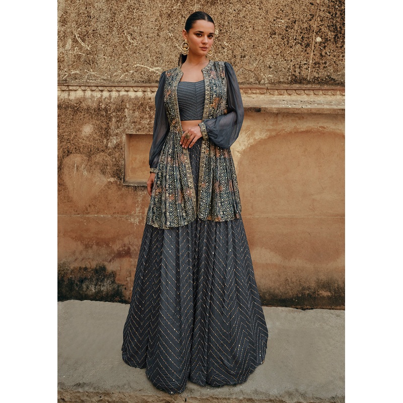 Slate Grey Chinnon Silk Jacket Style Designer Bridesmaid Lehenga