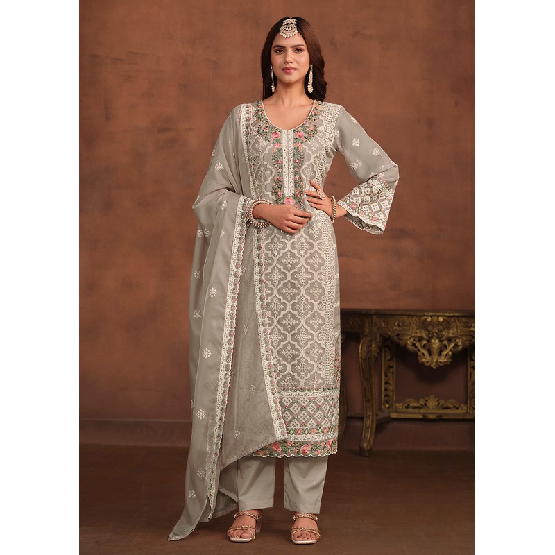 Slate Grey Soft Organza Embroidered Festive Salwar Suit