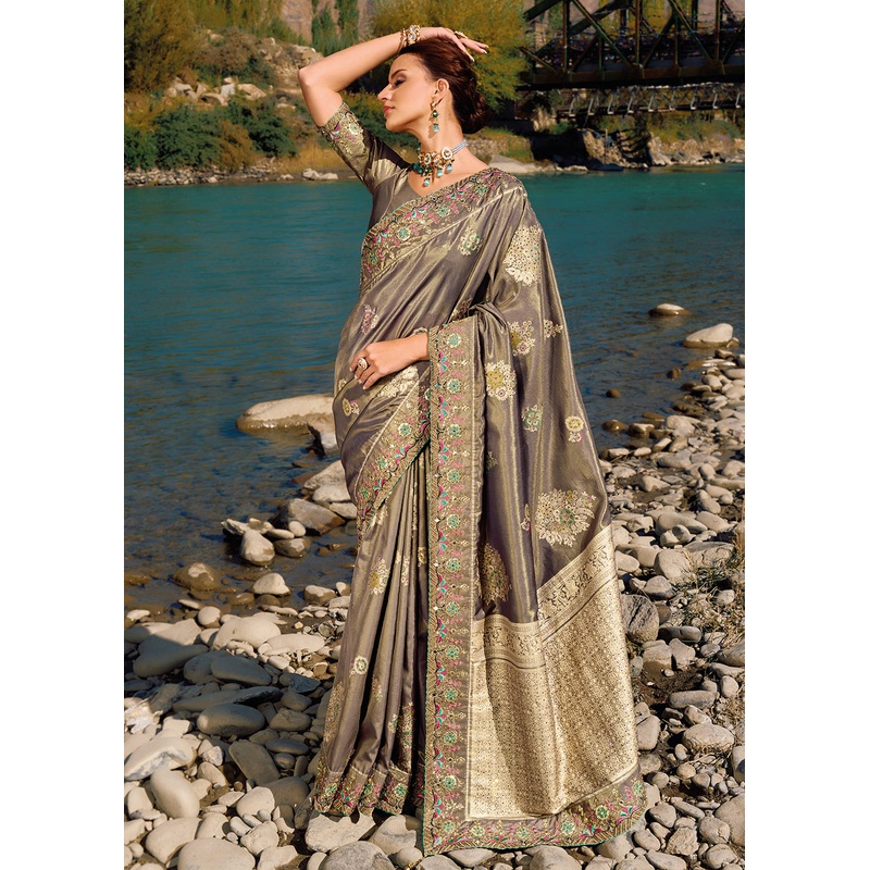 Stunning Brown Banarasi Pure Zari Fabric Designer Saree