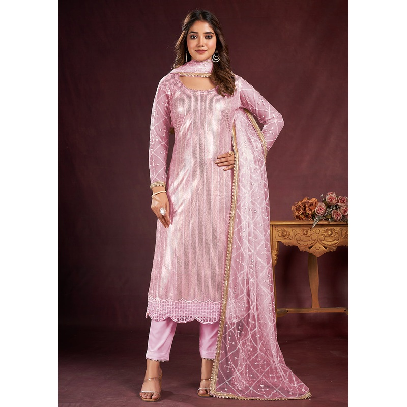 Taffy Pink Butterfly Net Embroidered Festive Salwar Suit