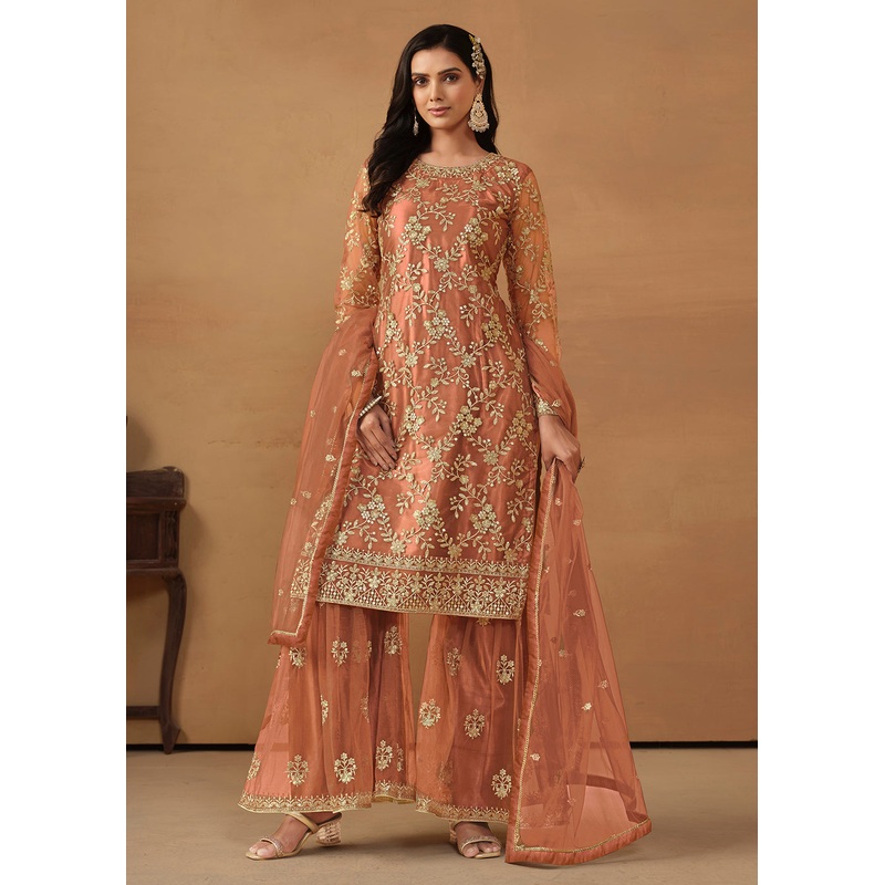 Tangy Brown Net Embroidered Wedding Festive Gharara Suit