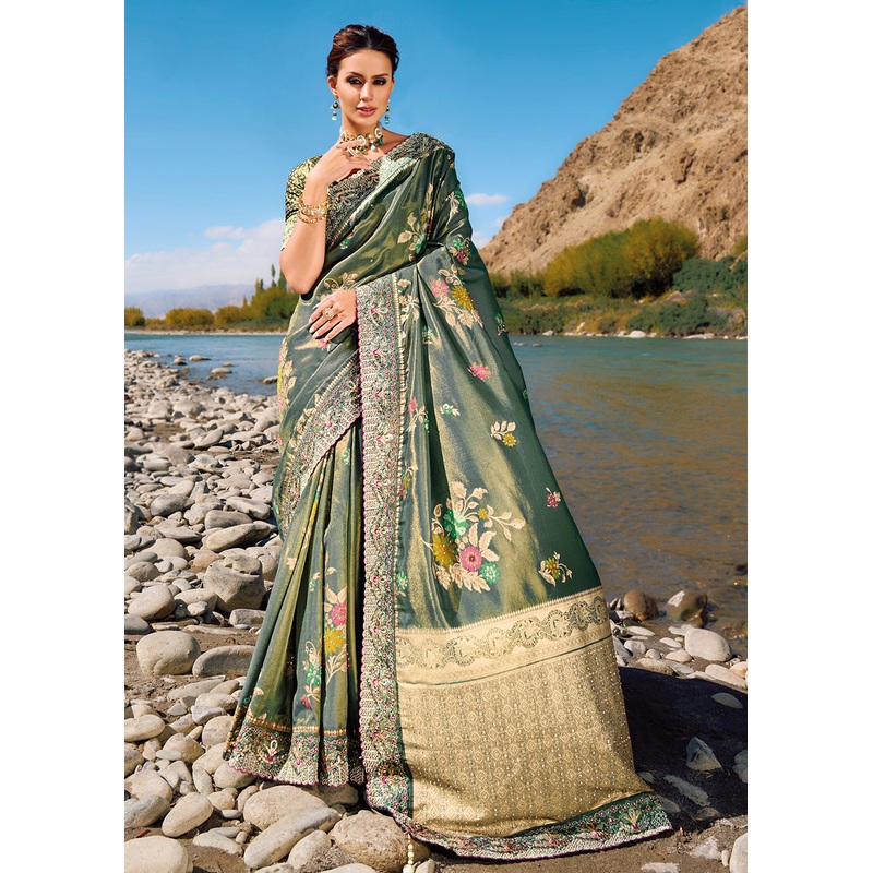 Teal Grey Banarasi Pure Zari Fabric Designer Saree