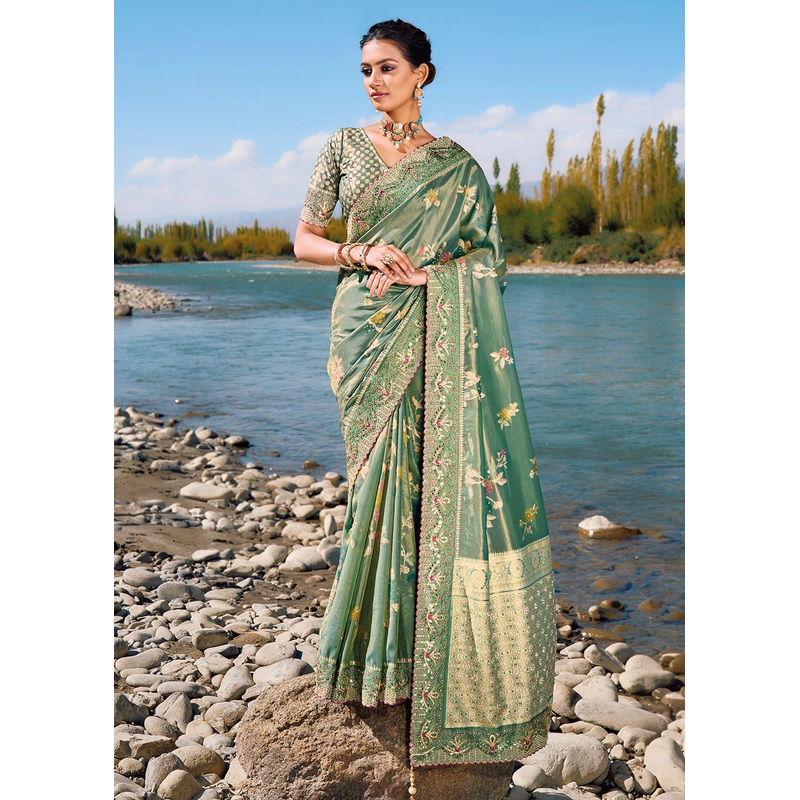 Teal Mint Green Banarasi Pure Zari Fabric Designer Saree