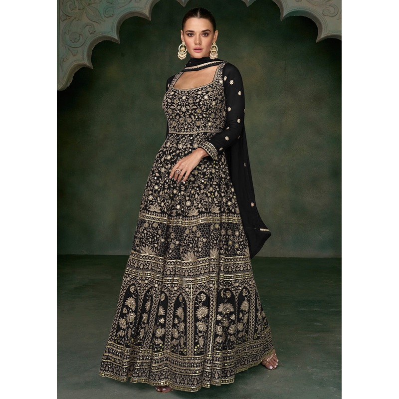 Tempting Black Georgette Embroidered Wedding Anarkali Suit