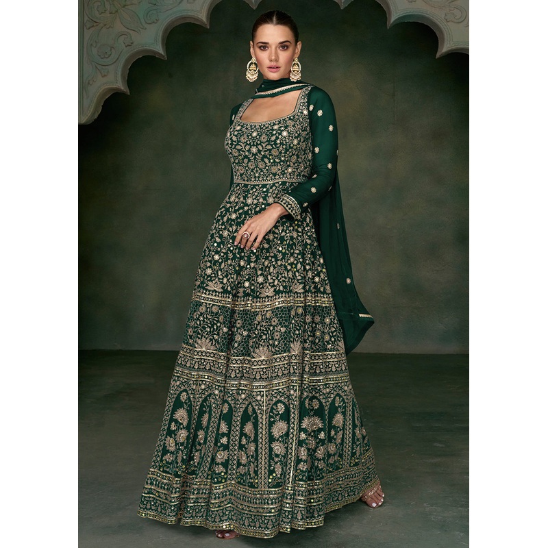 Tempting Green Georgette Embroidered Wedding Anarkali Suit