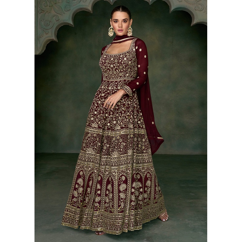 Tempting Maroon Georgette Embroidered Wedding Anarkali Suit