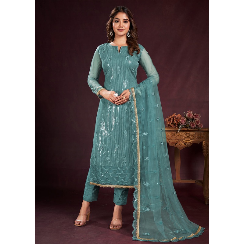 Turquoise Blue Butterfly Net Embroidered Festive Salwar Suit