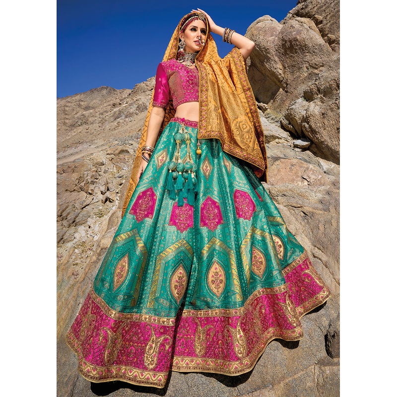 Turquoise Pink Designer Style Embroidered Traditional Lehenga Choli