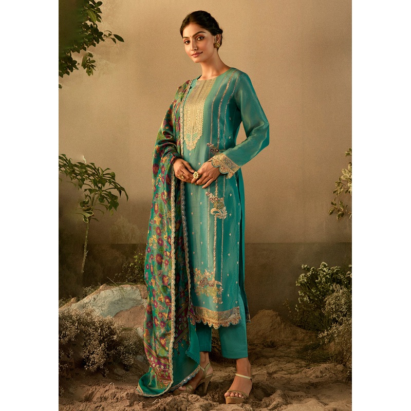 Turquoise Pure Zari Banarasi Tissue Festive Wear Salwar Suit