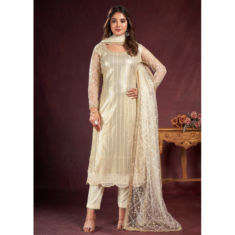 White Butterfly Net Embroidered Festive Salwar Suit