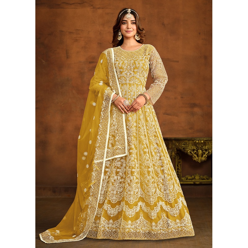 Yellow All Over Embroidered Net Wedding Anarkali Suit