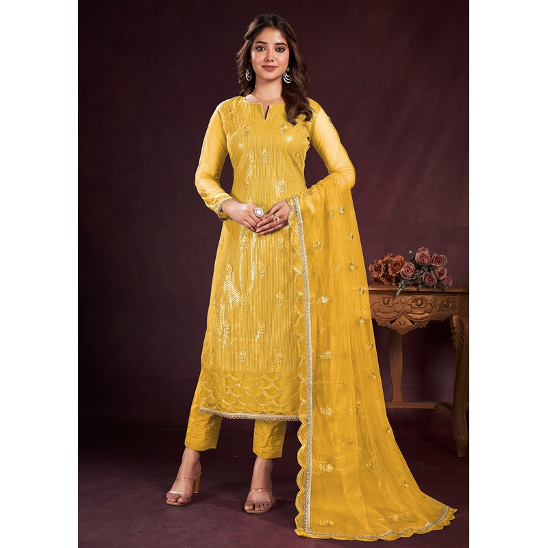 Yellow Butterfly Net Embroidered Festive Salwar Suit