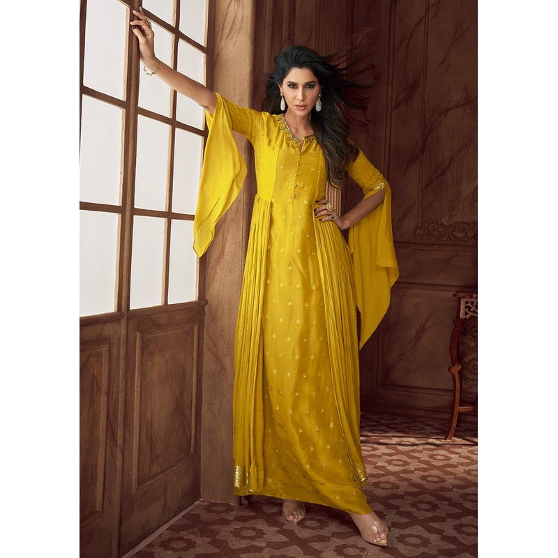 Yellow Heavy Georgette Embroidered Wedding Party Anarkali Gown