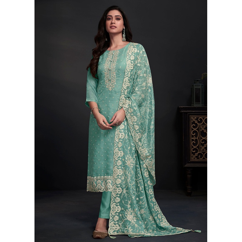 Adorning Blue Embroidered Organza Festive Pant Style Suit