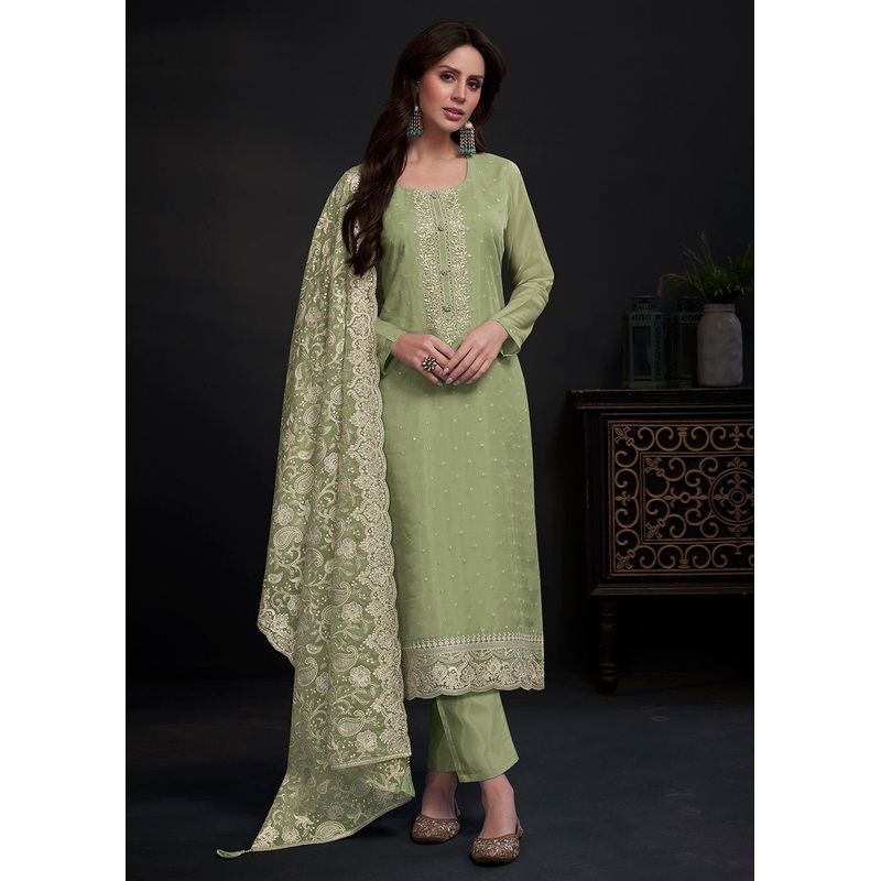 Adorning Green Embroidered Organza Festive Pant Style Suit