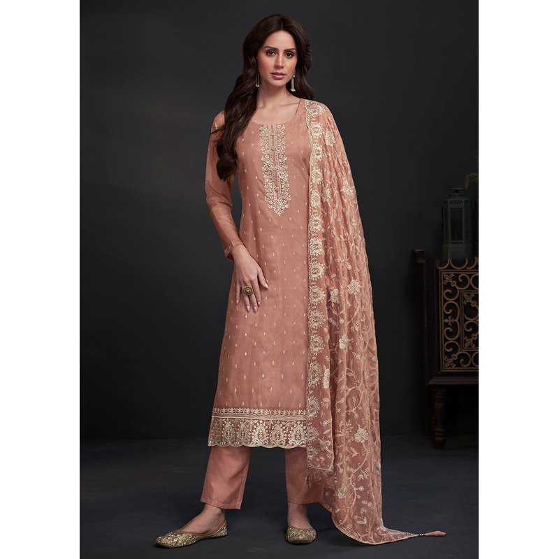 Adorning Peach Embroidered Organza Festive Pant Style Suit