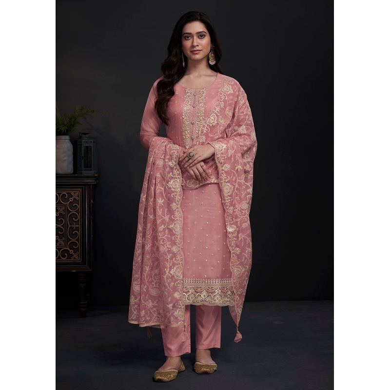 Adorning Pink Embroidered Organza Festive Pant Style Suit