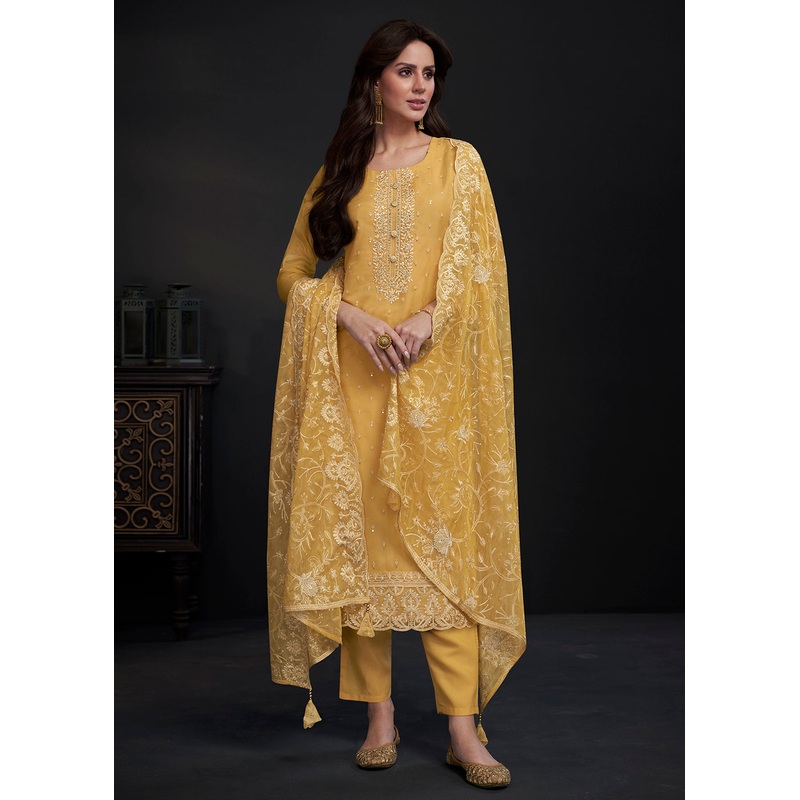 Adorning Yellow Embroidered Organza Festive Pant Style Suit