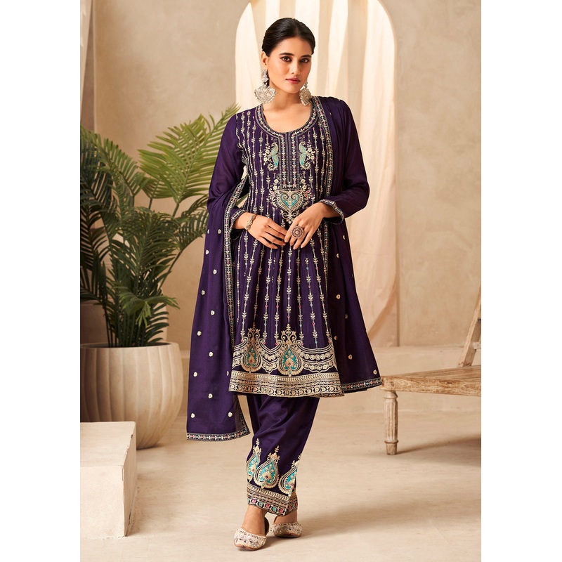 Amethyst Purple Heavy Chinnon Wedding Festive Salwar Suit