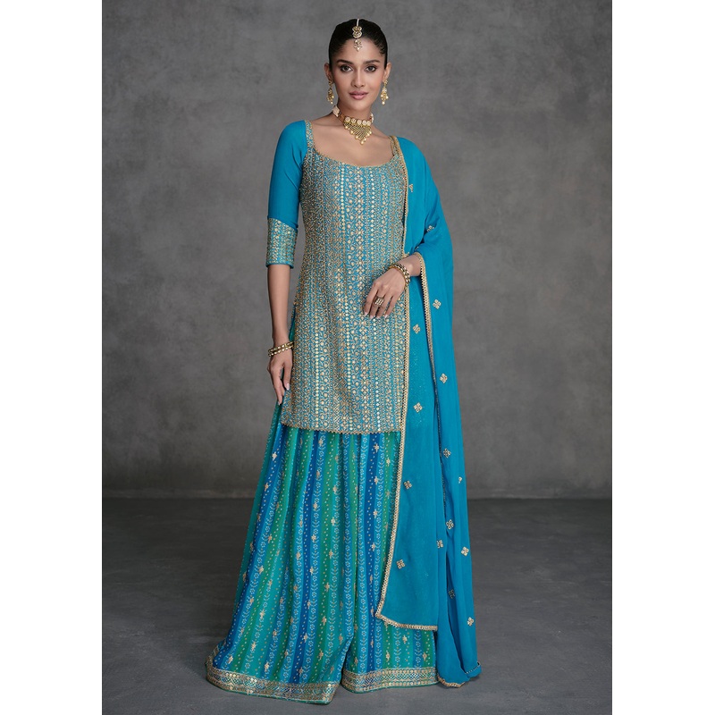 Azure Blue Designer Style Wedding Wear Sharara Suit