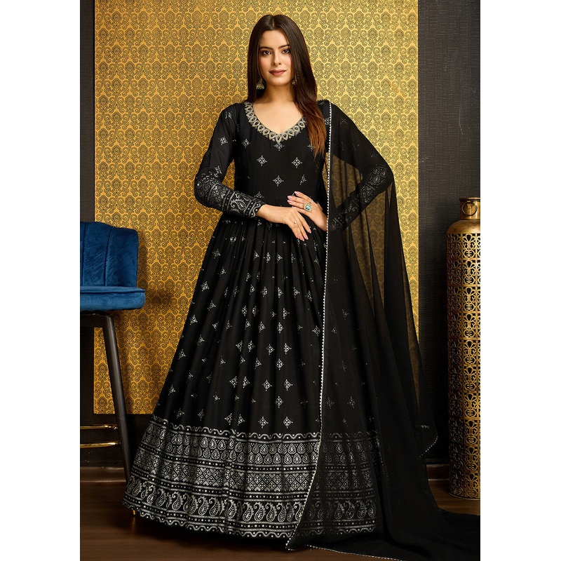 Black Metalic Foil Work Embroidered Wedding Wear Gown