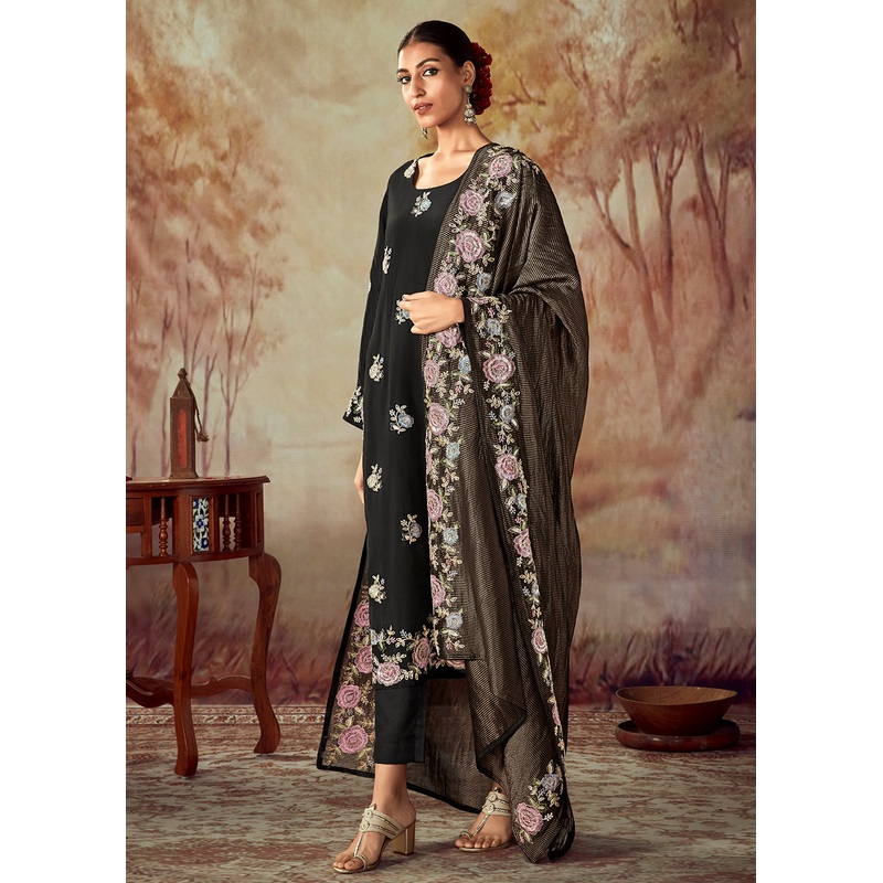 Black Russian Silk Embroidered Pant Style Salwar Kurta