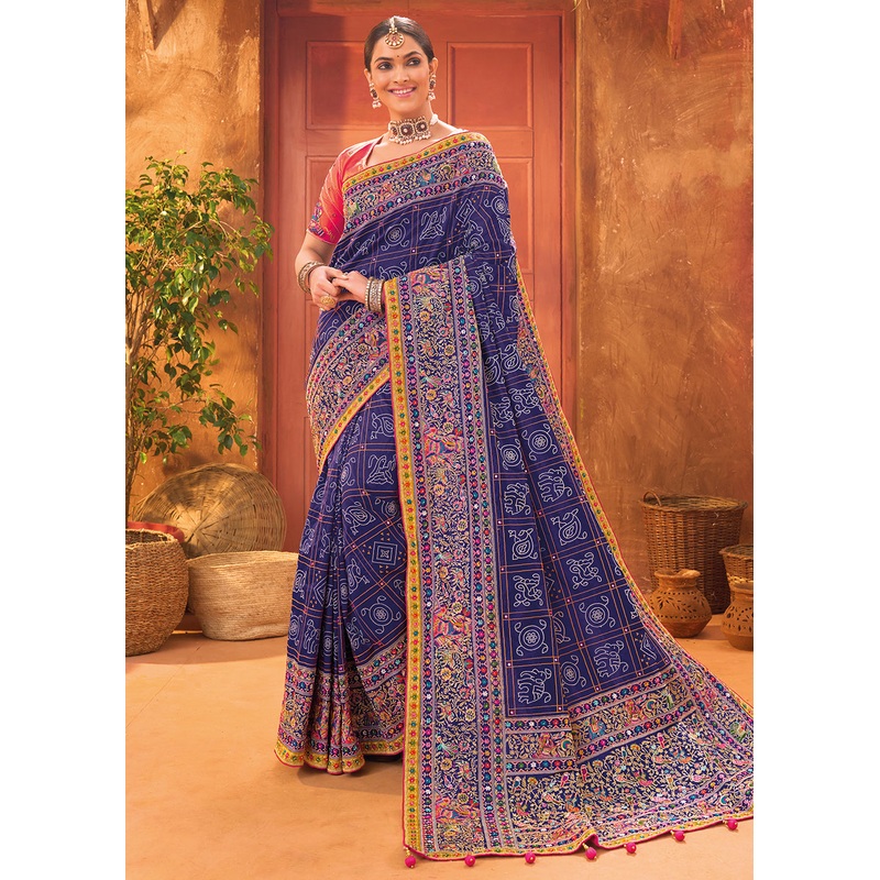 Blue Hand Work Embroidered Traditional Banarasi Silk Saree