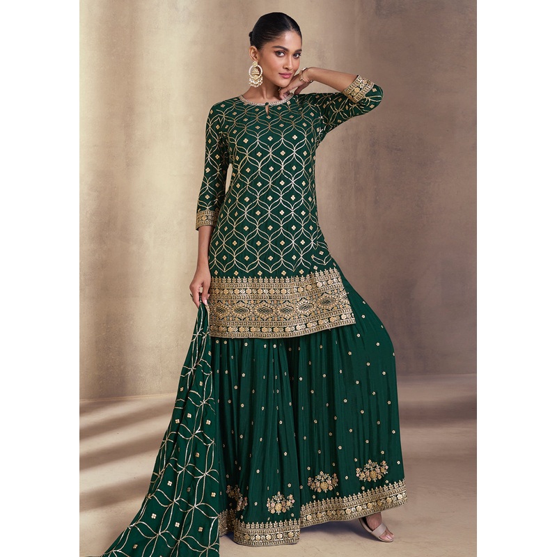 Bottle Green Embroidered Festive Sharara Style Suit