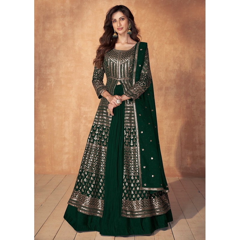 Bottle Green Skirt Style Embroidered Wedding Anarkali Suit