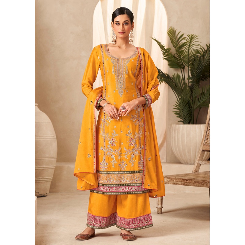 Bright Yellow Heavy Chinnon Wedding Festive Salwar Suit
