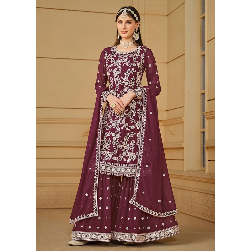 Burgundy Wine Embroidered Georgette Gharara Style Suit