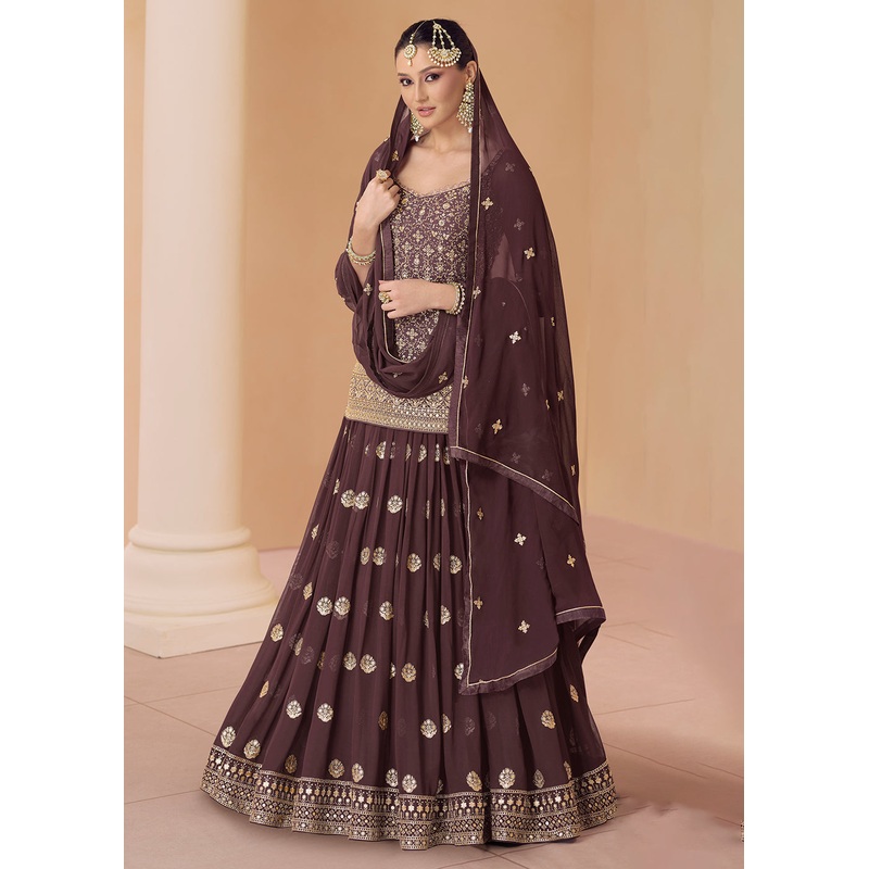 Chocolate Brown Embroidered Georgette Designer Lehenga Kurta