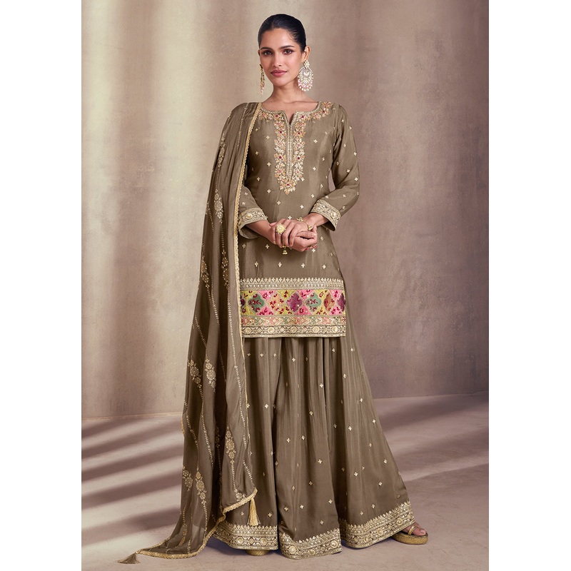 Copper Brown Embroidered Festive Sharara Style Suit