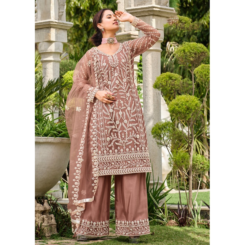 Copper Brown Stone & Cording Work Festive Palazzo Suit