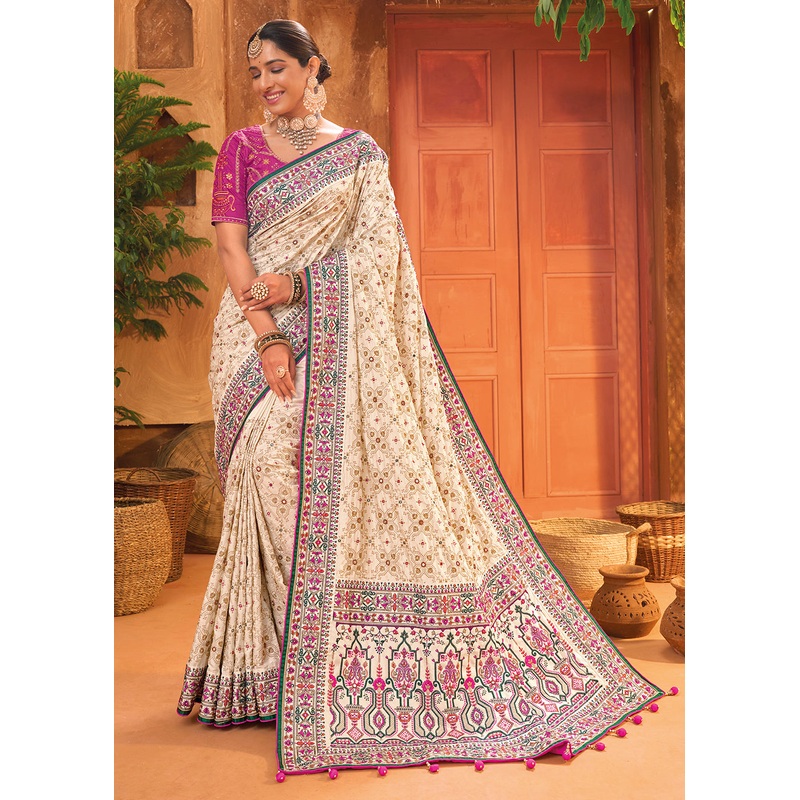 Cream Hand Work Embroidered Traditional Banarasi Silk Saree
