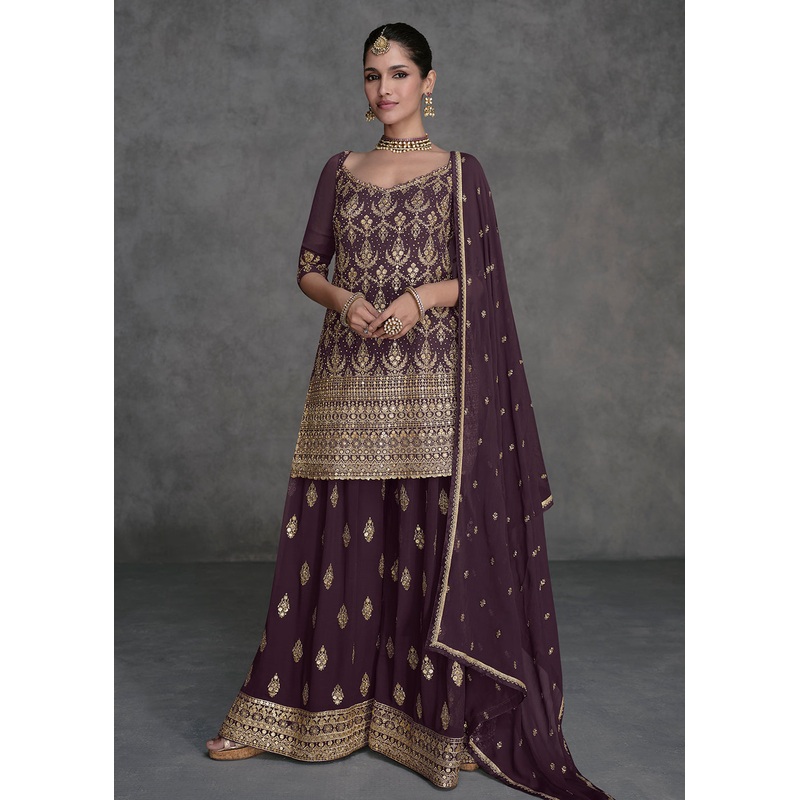 Dark Purple Designer Style Wedding Wear Sharara Suit