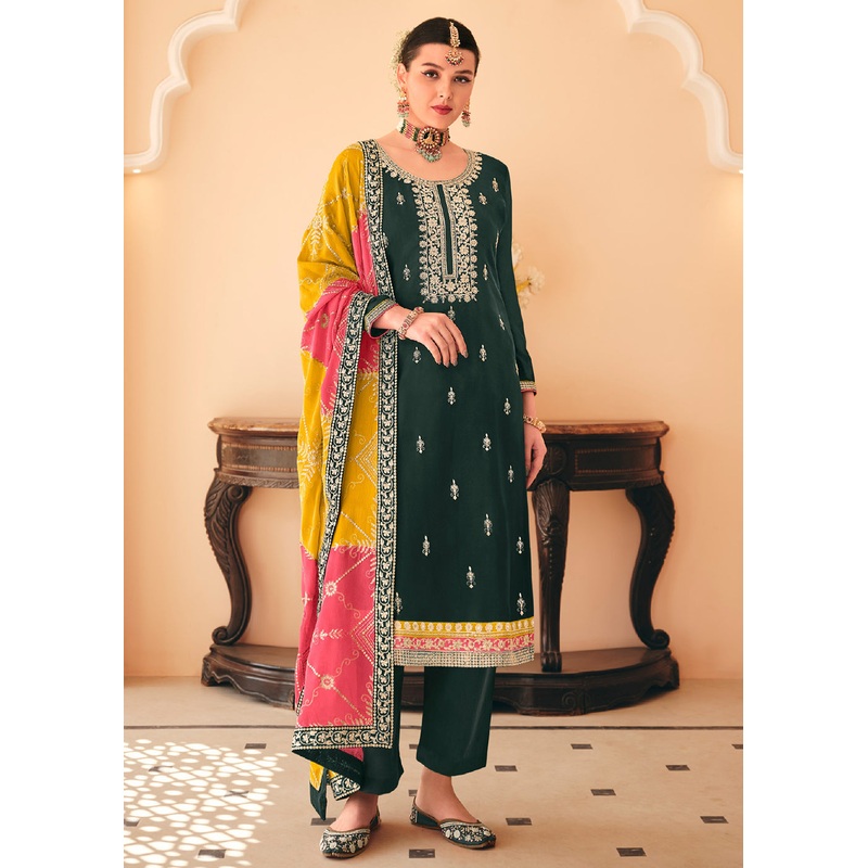 Dazzling Green Embroidered Chinnon Pant Style Salwar Kurta