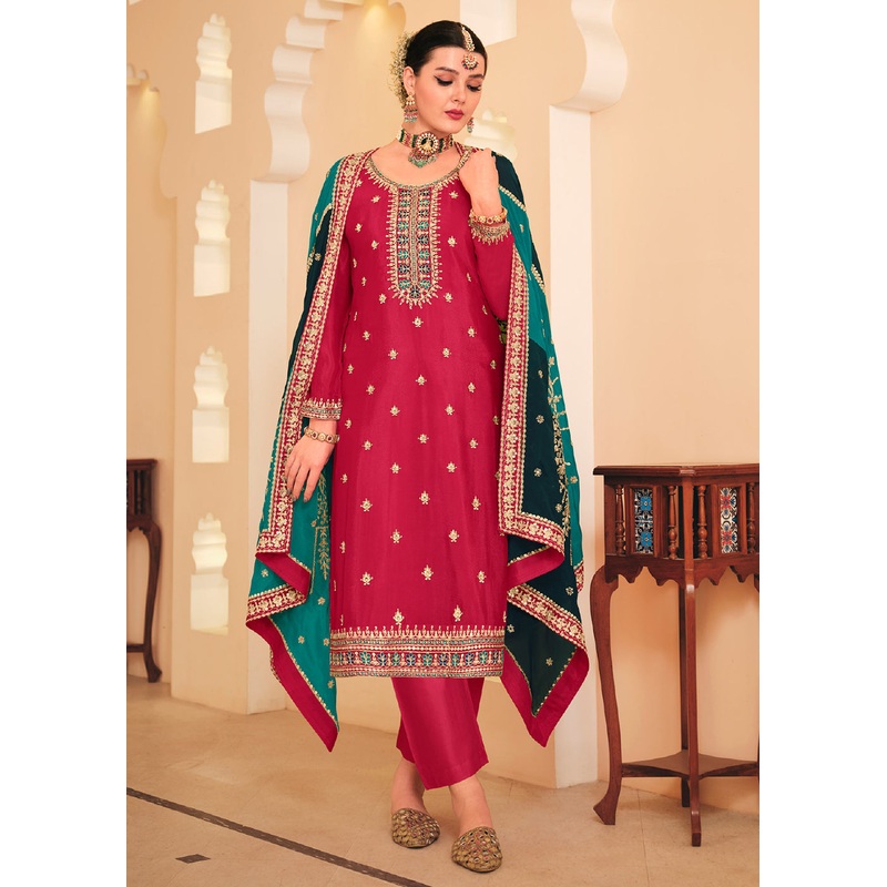 Dazzling Red Embroidered Chinnon Pant Style Salwar Kurta