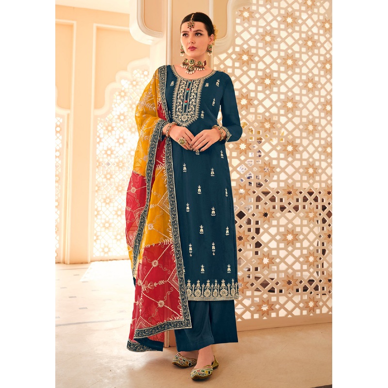 Dazzling Teal Embroidered Chinnon Palazzo Salwar Kurta