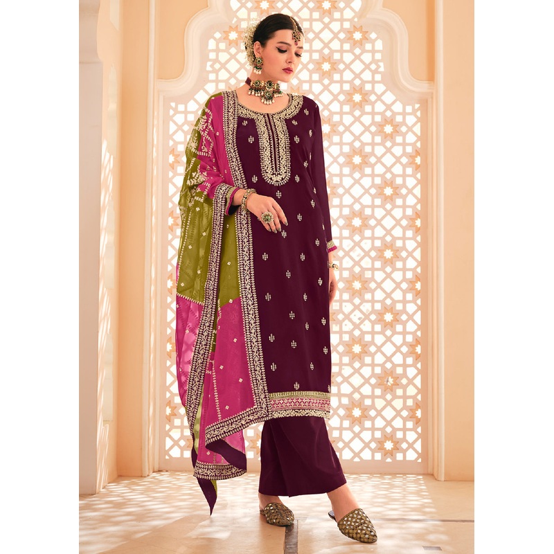 Dazzling Wine Embroidered Chinnon Palazzo Salwar Kurta